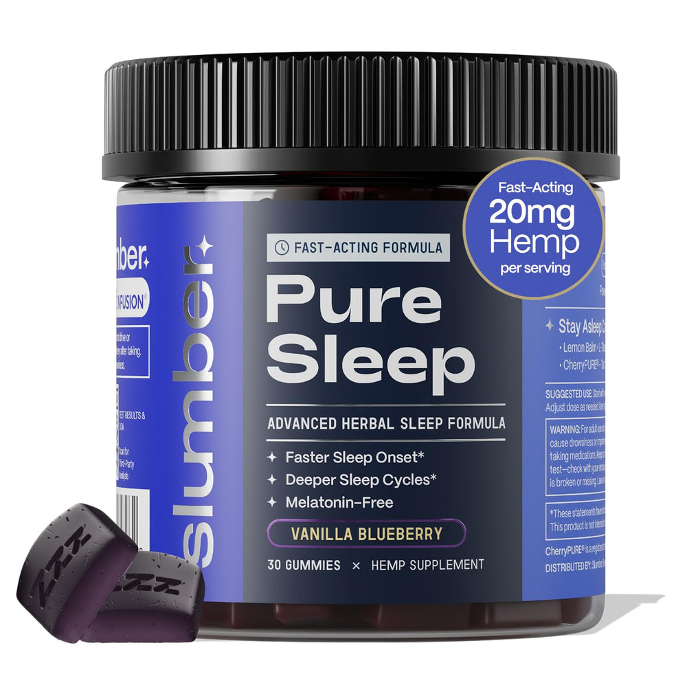 Slumber Pure Sleep gummies packaging with label and dosage for a reliable nightly routine.