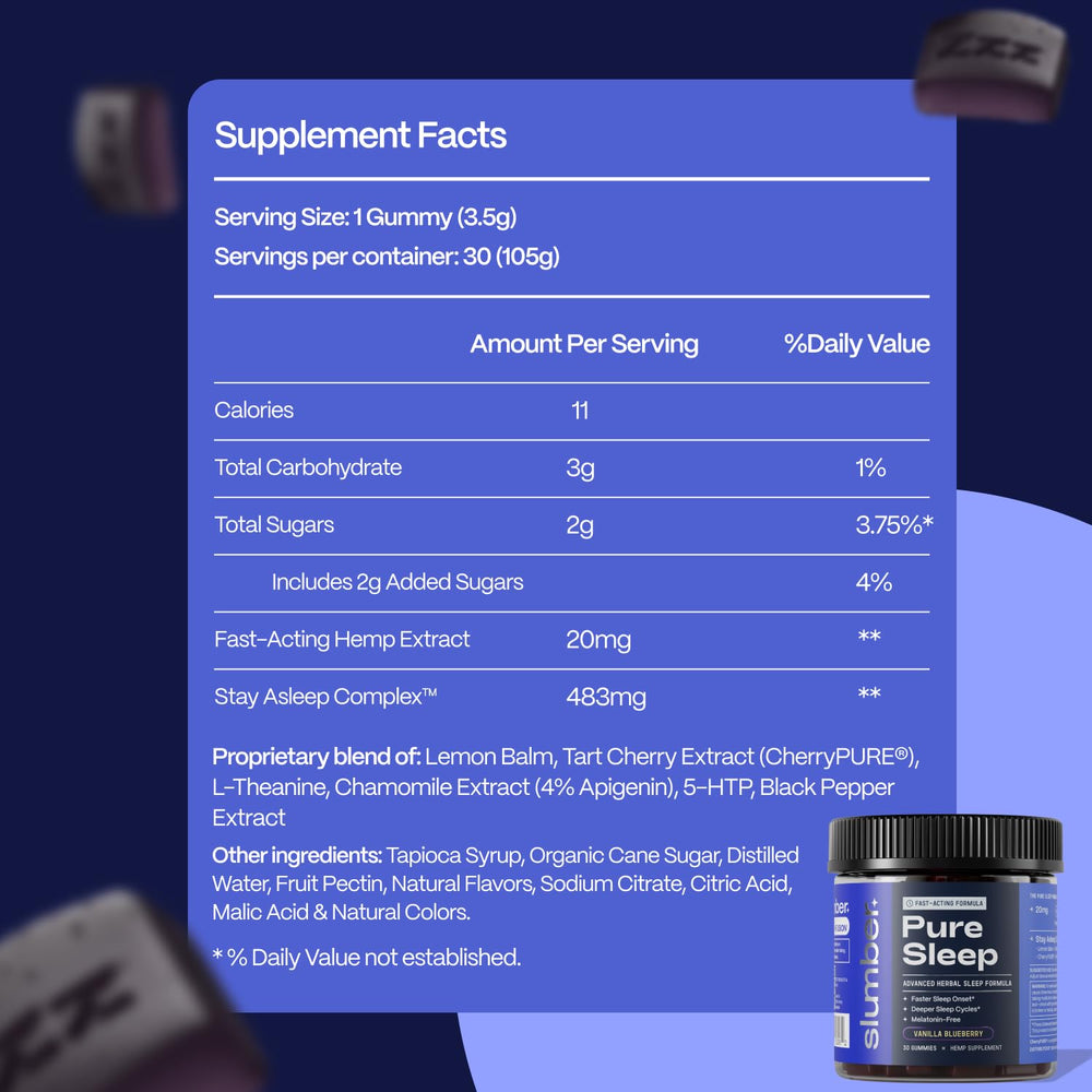 Slumber Pure Sleep gummy jar label highlights vegan, non-GMO, gluten-free features.