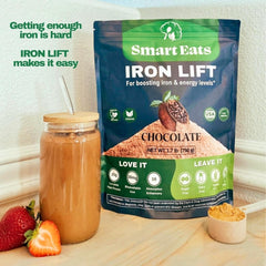 Chocolate flavored Smart Eats Iron Powder poured into a cup