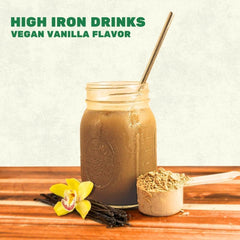 Smart Eats Iron Powder label closeup highlights vegan vanilla blend.