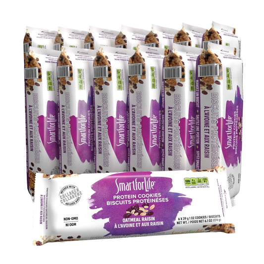 Smart for Life oatmeal raisin protein cookies packaging for on-the-go hunger control.