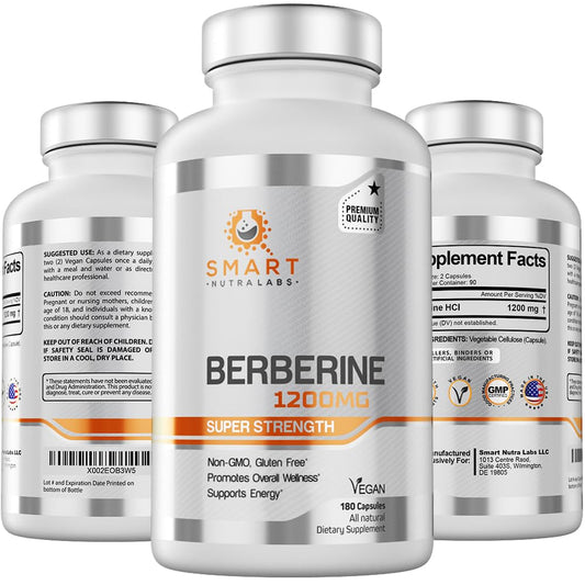 Smart Nutra Labs Berberine HCL bottle shows 1200mg per serving for daily use.