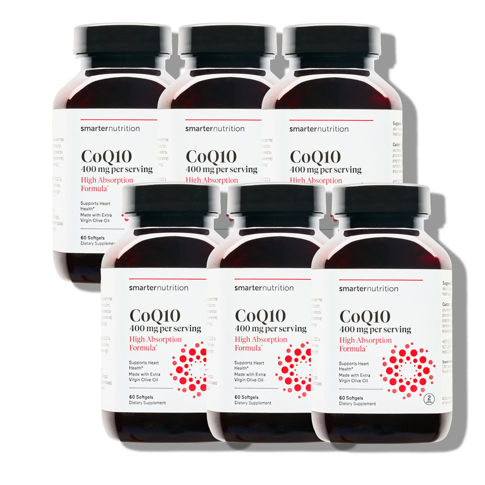 SmartenNutrition CoQ10 bottle with olive oil delivery for enhanced absorption.