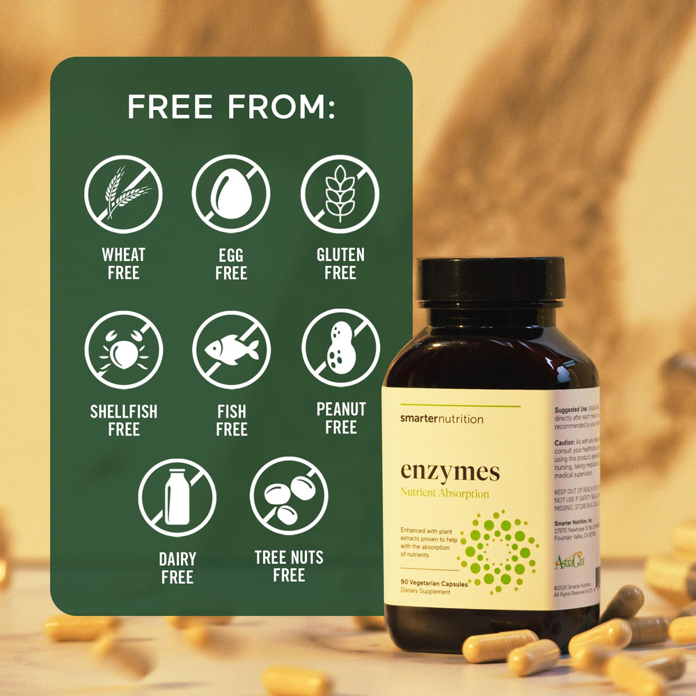 SMARTERNUTRITION Vegan Digestive Enzymes on a kitchen counter suggests daily routine.