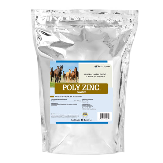 SmartEquine Poly Zinc Powder bottle demonstrates targeted zinc support for horses.