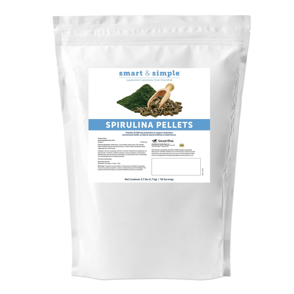 SmartEquine spirulina pellets bottle pour for easy daily dosing and respiratory support.