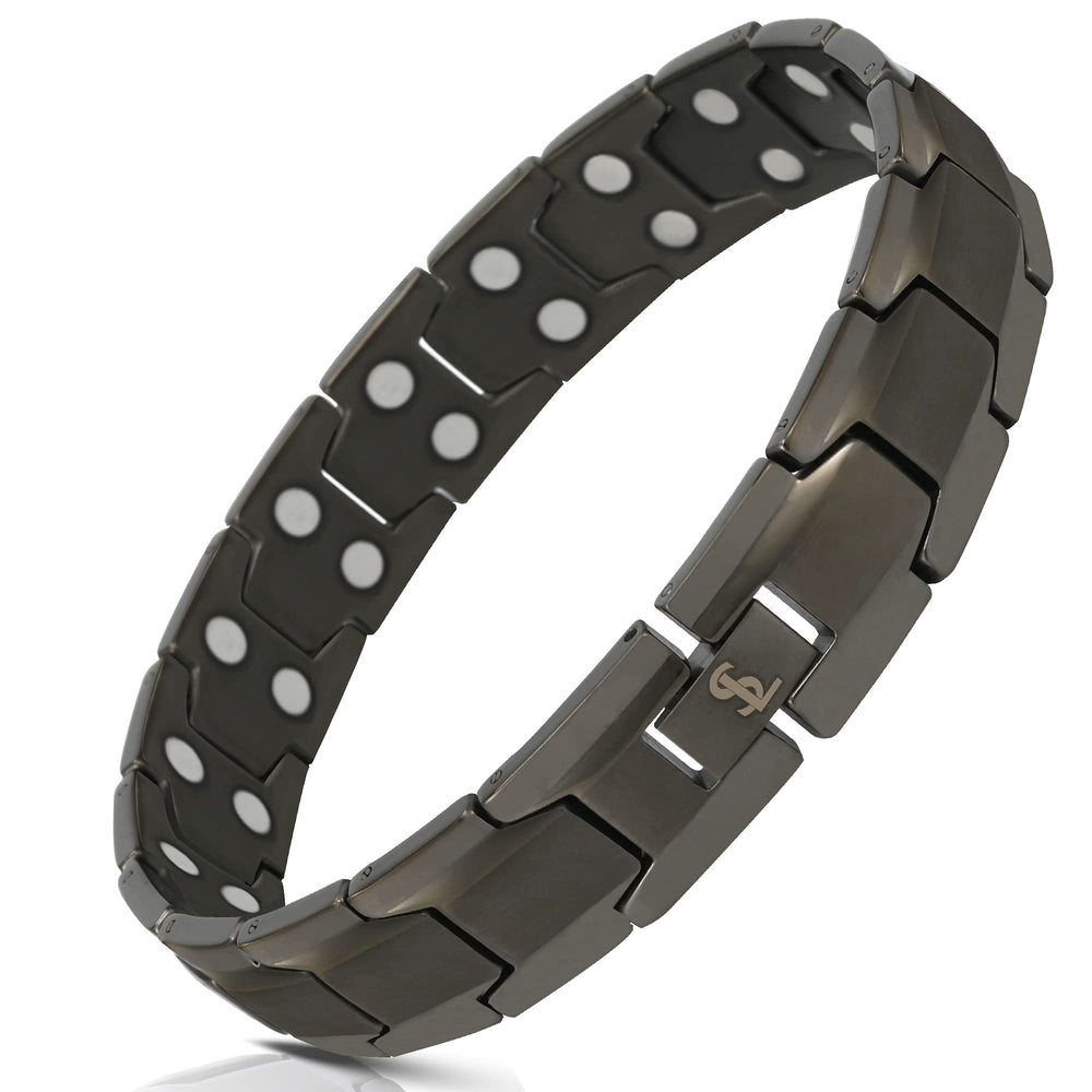 Smarter LifeStyle titanium magnetic bracelet on the wrist with gunmetal gray finish and magnets visible.