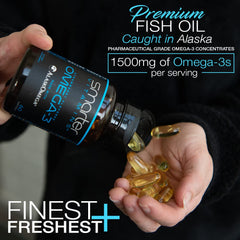 SmarterOmega3 berry bottle label shows third-party testing and gluten-free formula.