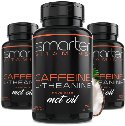 SmarterVitamins 3-pack bottles stacked for easy, sustained energy throughout the day.