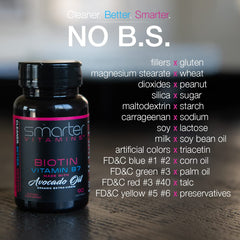 SmarterVitamins Biotin softgels close-up showing compact easy-to-swallow design