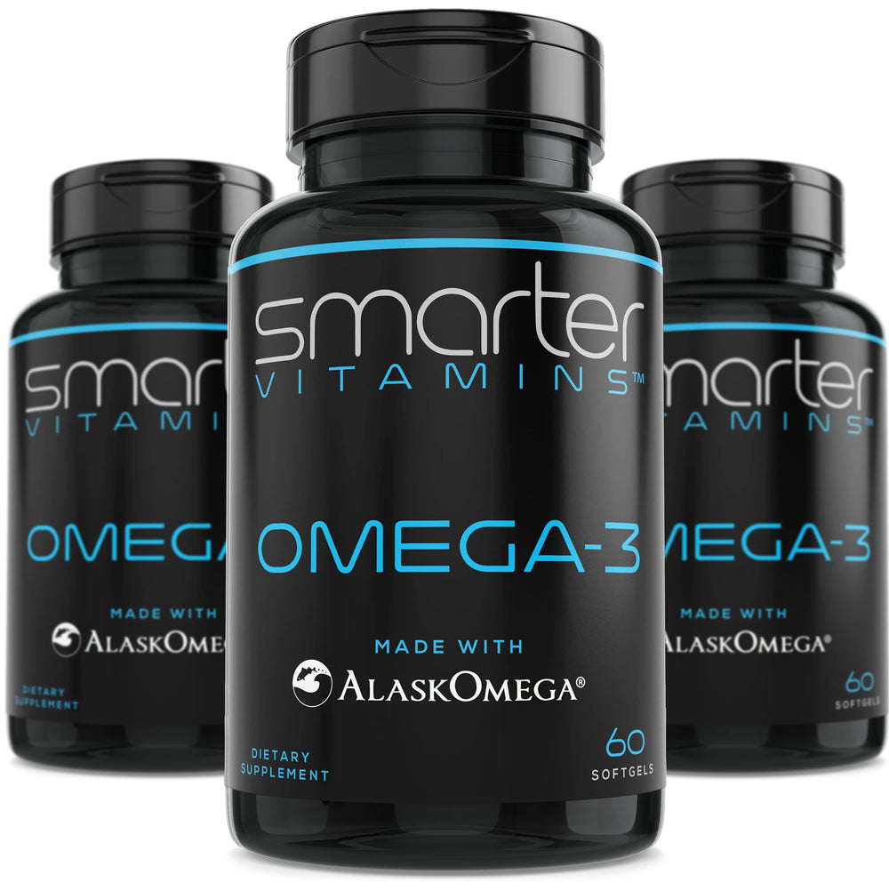 SmarterVitamins Smarter Omega3 berry bottle with burpless, tasteless softgels for daily use.