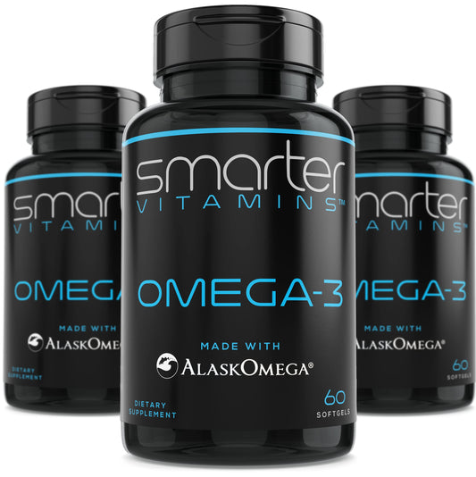 SmarterVitamins Smarter Omega3 berry bottle with burpless, tasteless softgels for daily use.