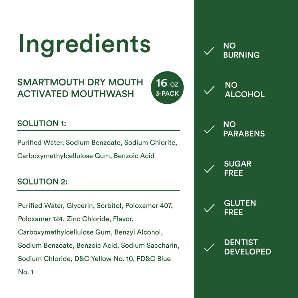 SmartMouth back label highlights zinc technology and usage tips.