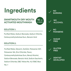 SmartMouth back label highlights zinc technology and usage tips.