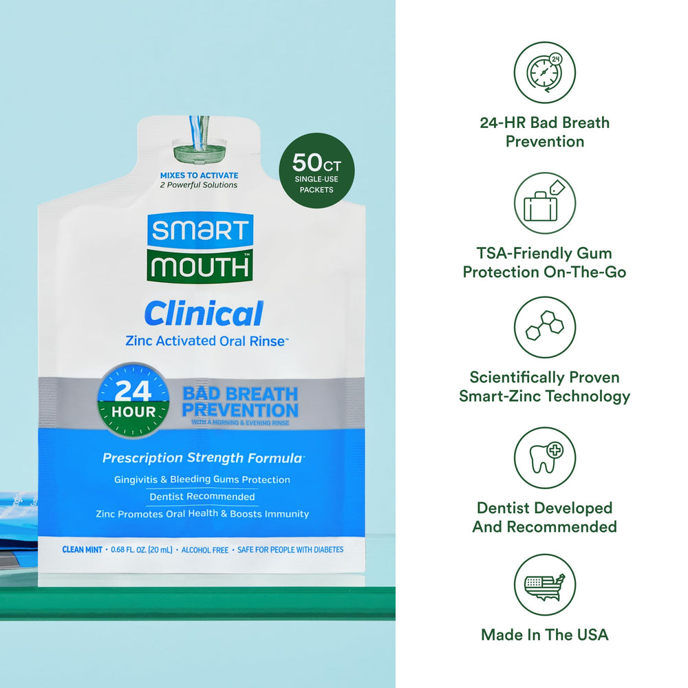 SmartMouth Clinical Rinse bottle being poured for easy dosage.