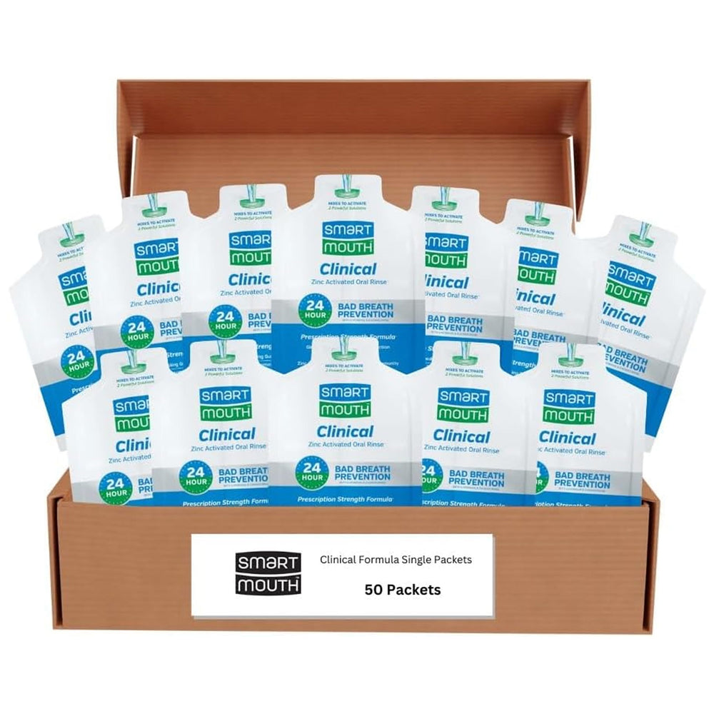 SmartMouth Clinical Rinse pack front view showing minty, alcohol-free formula for fresh breath.