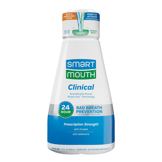 SmartMouth Clinical zinc-activated mouthwash bottle front label for daily gum support.