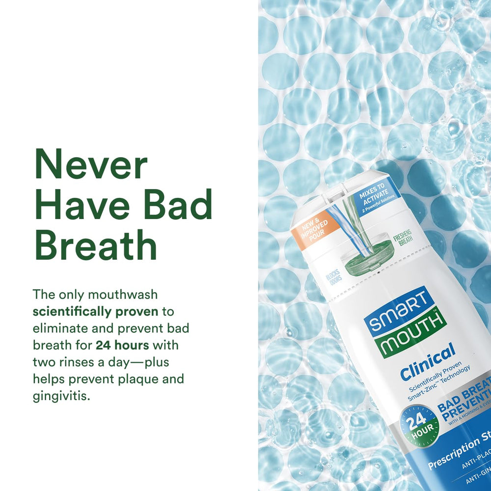 SmartMouth bottle cap twist illustrates convenient twice-daily rinse.