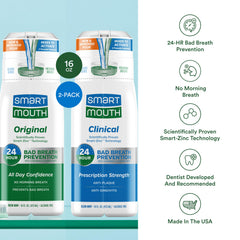 SmartMouth Original Activated mouthwash label highlighting paraben-free and alcohol-free formula
