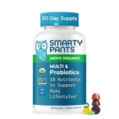 SmartyPants Organic Men’s Multivitamin Gummies bottle with omega-3 and probiotics for daily vitality