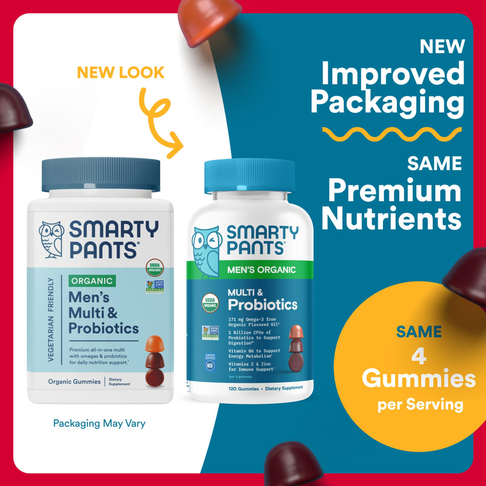 SmartyPants Organic Men’s Multivitamin Gummies label displays 14 nutrients for busy lifestyles