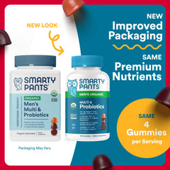 SmartyPants Organic Men’s Multivitamin Gummies label displays 14 nutrients for busy lifestyles