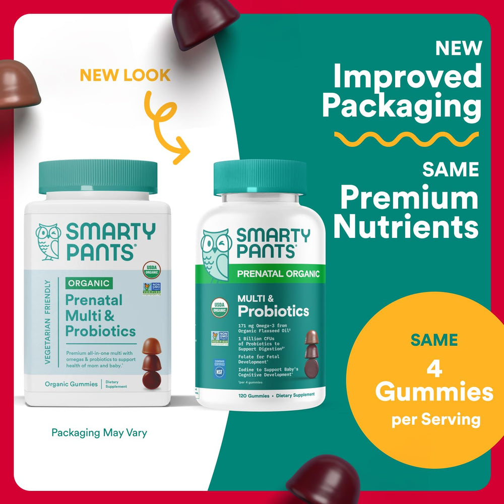 SmartyPants Organic Prenatal Gummies label highlights organic, vegetarian formula