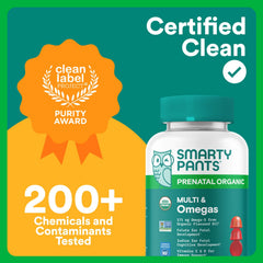 Label focus on organic and vegetarian aspects of SmartyPants Prenatal vitamins.