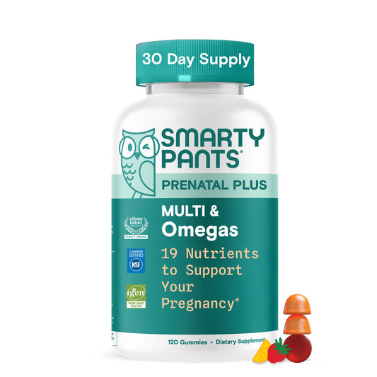 SmartyPants Prenatal Plus Omega-DHA gummies in bottle for daily pregnancy nutrition.