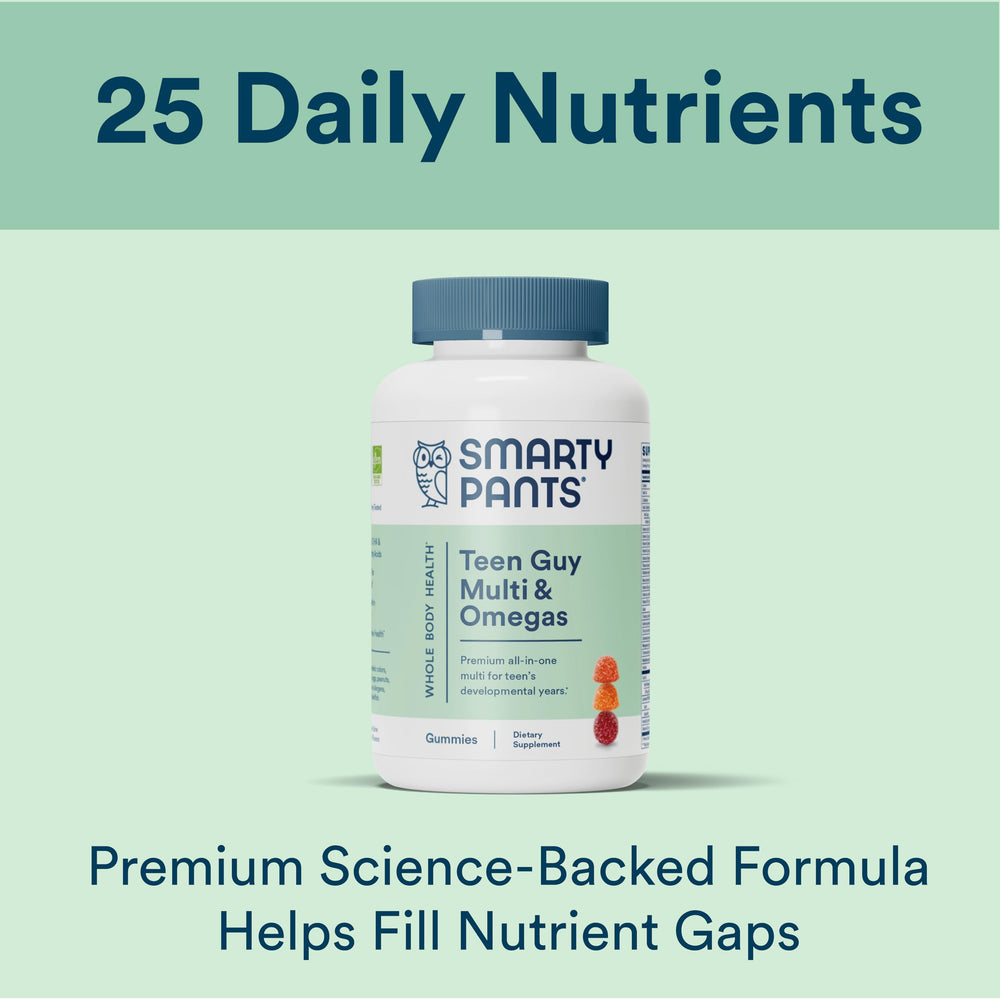 SmartyPants Teen Guy Formula label closeup highlights key nutrients.