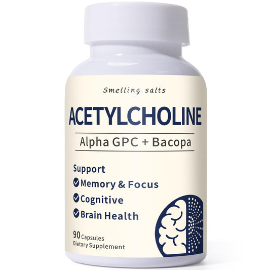 Smelling salts acetylcholine bottle highlights Alpha GPC and Bacopa for cognitive support.