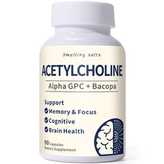 Smelling salts acetylcholine bottle highlights Alpha GPC and Bacopa for cognitive support.