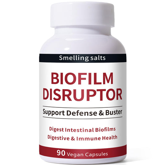 Smelling salts Biofilm Disruptor bottle shows product label for digestion support.