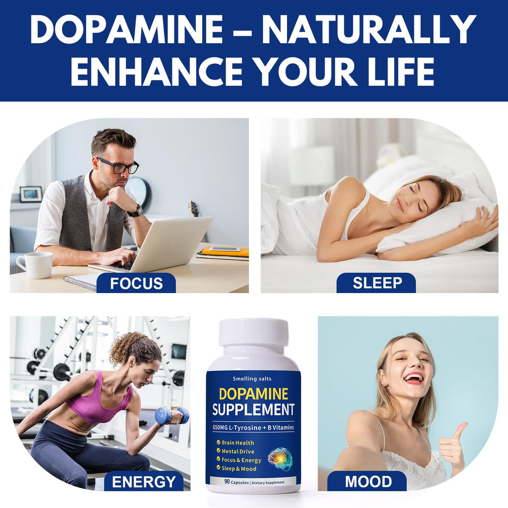 Smelling salts Dopamine Supplement label closeup emphasizes 650 mg L-Tyrosine for focus.