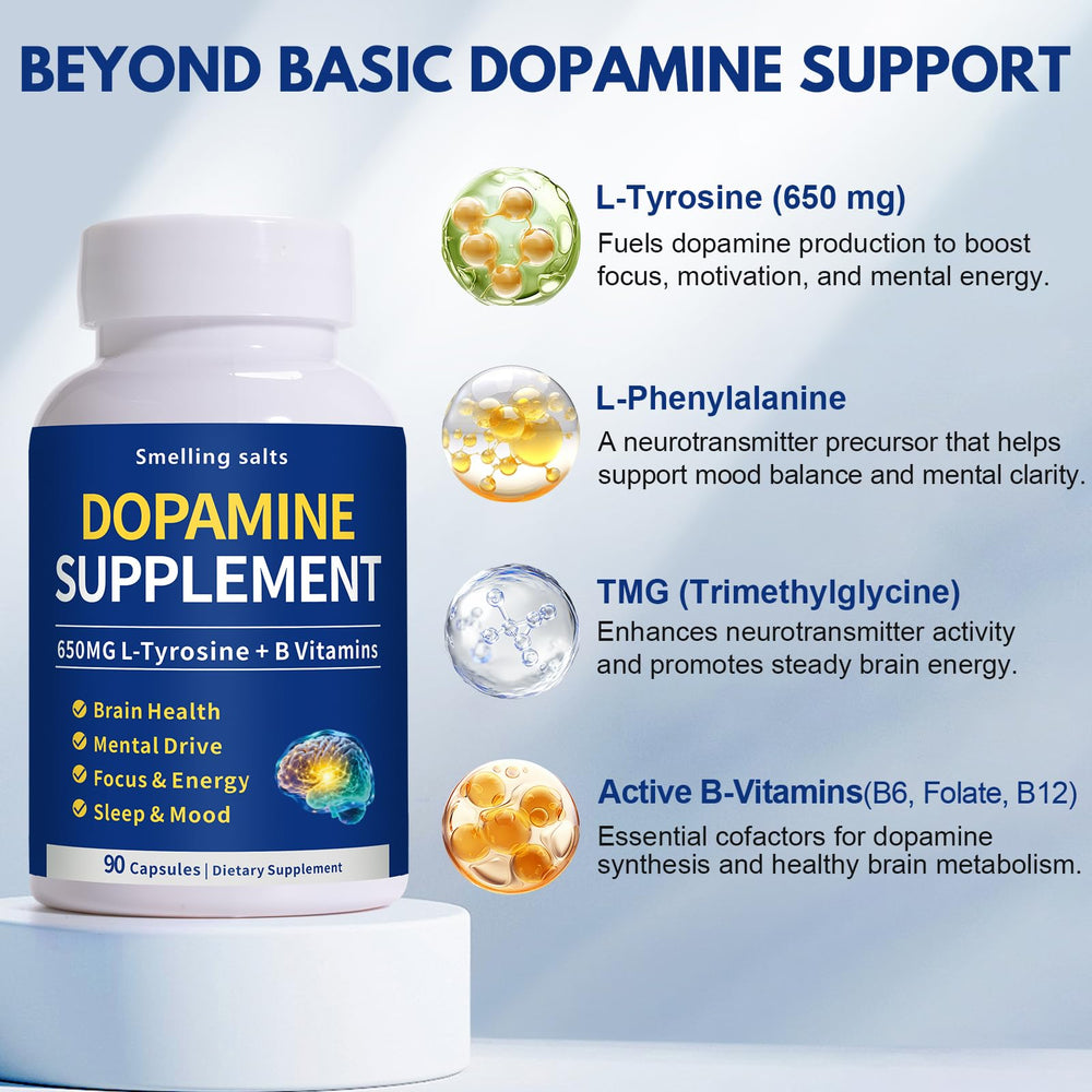 Smelling salts Dopamine Supplement packaging on shelf signals clean, non-stimulant brain fuel.