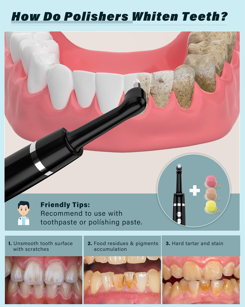 Smile-Aid tooth polisher handheld use showing portable design for travel.