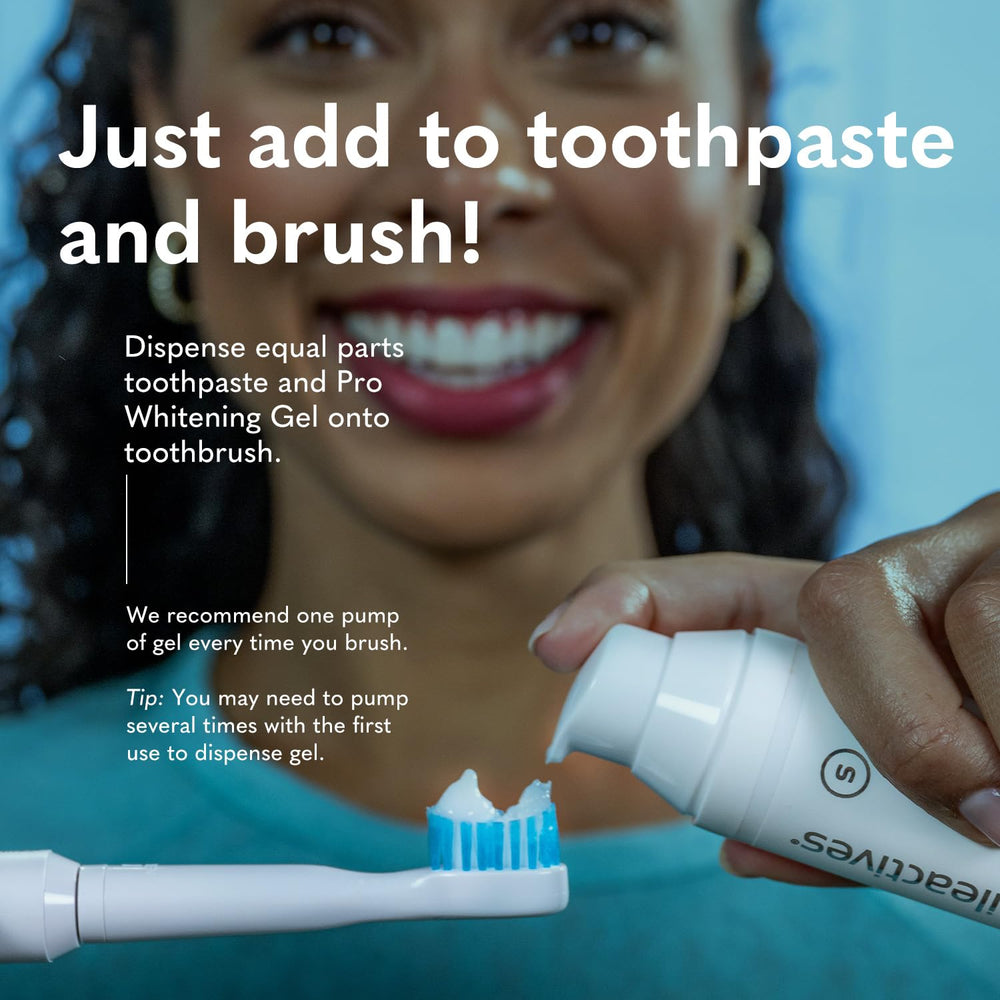 Smileactives teeth brushing with gel shows easy toothpaste transformation for whitening.
