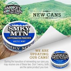 Smokey Mountain Arctic Mint can shows convenient caffeinated pouches for on-the-go use.