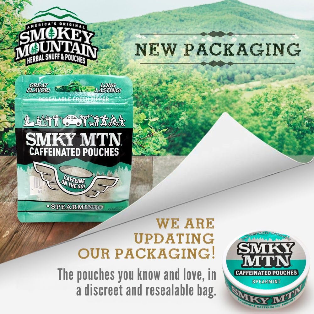 Smokey Mountain caffeinated pouches with green tea extract, natural energy option.