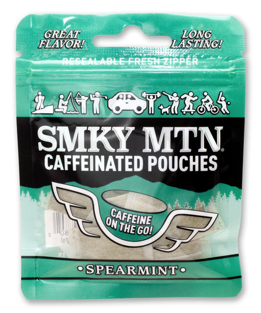 Smokey Mountain caffeinated spearmint pouches pack front, on-the-go energy ready.
