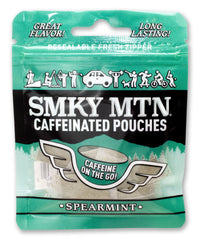 Smokey Mountain caffeinated spearmint pouches pack front, on-the-go energy ready.
