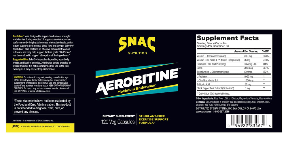 SNAC Aerobitine ingredients blend showing nitric oxide and blood flow support.