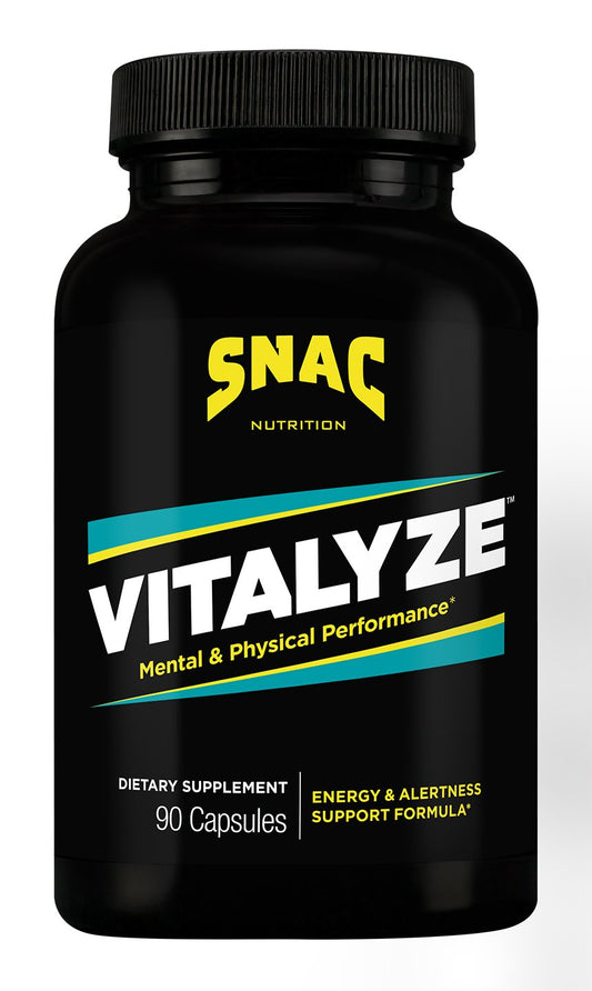 SNAC Vitalyze energy bottle front view for sustained focus and stamina.