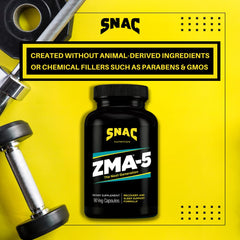 SNAC ZMA-5 bottle beside dumbbells signaling post-workout recovery potential