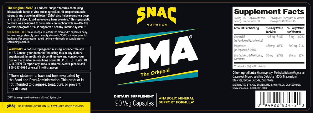 Close-up of SNAC ZMA capsules highlighting zinc, magnesium, and vitamin B6 for recovery.