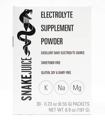 SNAKE Juice electrolyte packet pouring into water for quick hydration.