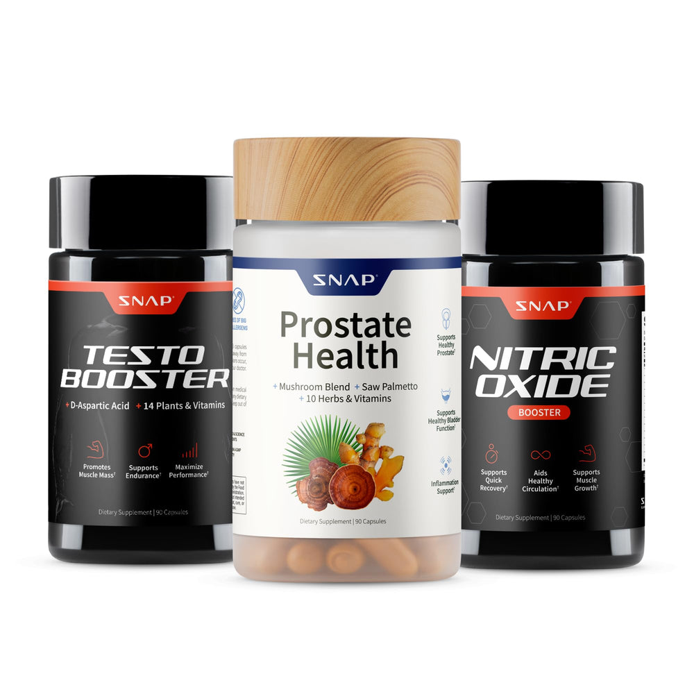 Snap Supplements Big Boy Bundle front label showing three targeted men's formulas for daily vitality