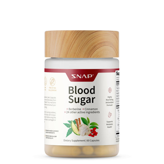 Snap Supplements Blood Sugar Blend bottle closeup showing convenient daily metabolism support