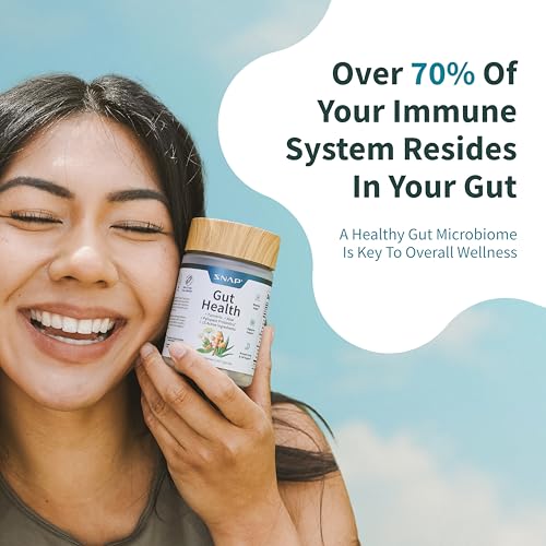 Snap Supplements botanical ingredients bottle with turmeric and aloe signals soothing gut comfort.