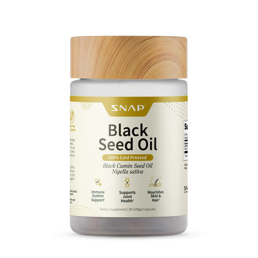 Snap Supplements bottle front view showcasing black seed oil capsules for daily wellness